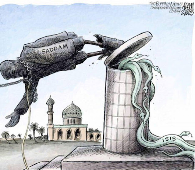 Picture of toppled statue of Saddam Hussein releasing serpents labeled
