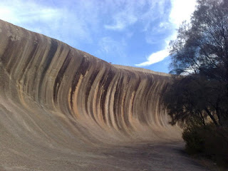 a wave shaped rock with trees and blue sky