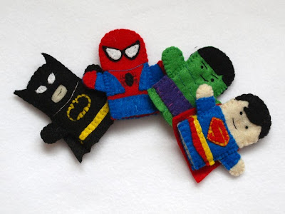 Batman, Superman, Spiderman and Hulk fingerpuppets, handmade by Joanne Rich.