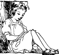 line drawing of a girl reading a book