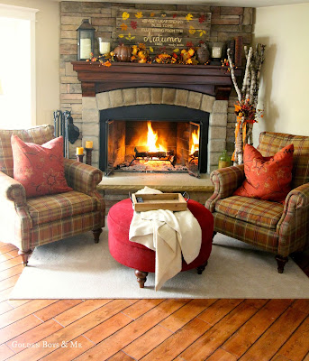 Corner stone fireplace with plaid Bassett chairs www.goldenboysandme.com