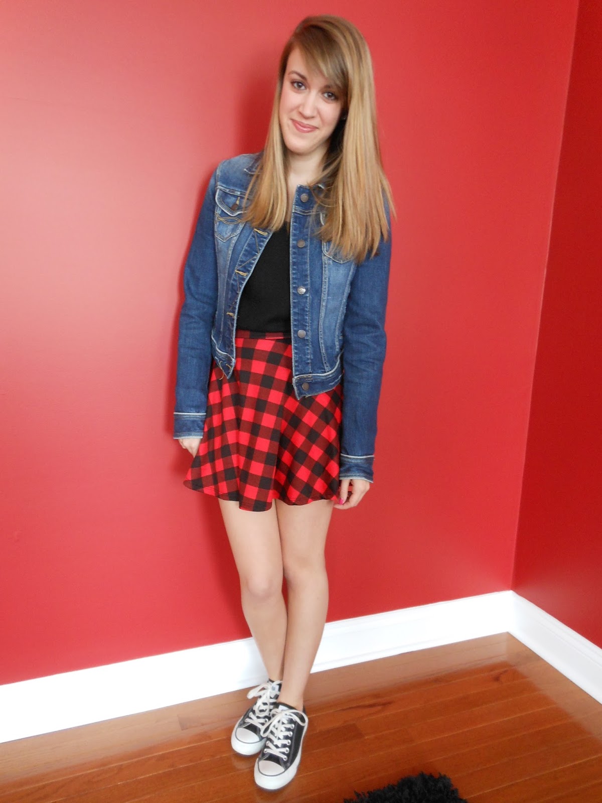 red jean jacket and skirt