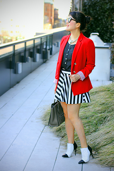 MANGO red suit blazer jacket with Zara black & white striped skirt