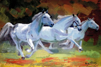 Cai albi alergand pictura pe panza