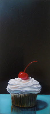 original cup cake painting by jeanne vadeboncoeur, realistic, still life food art