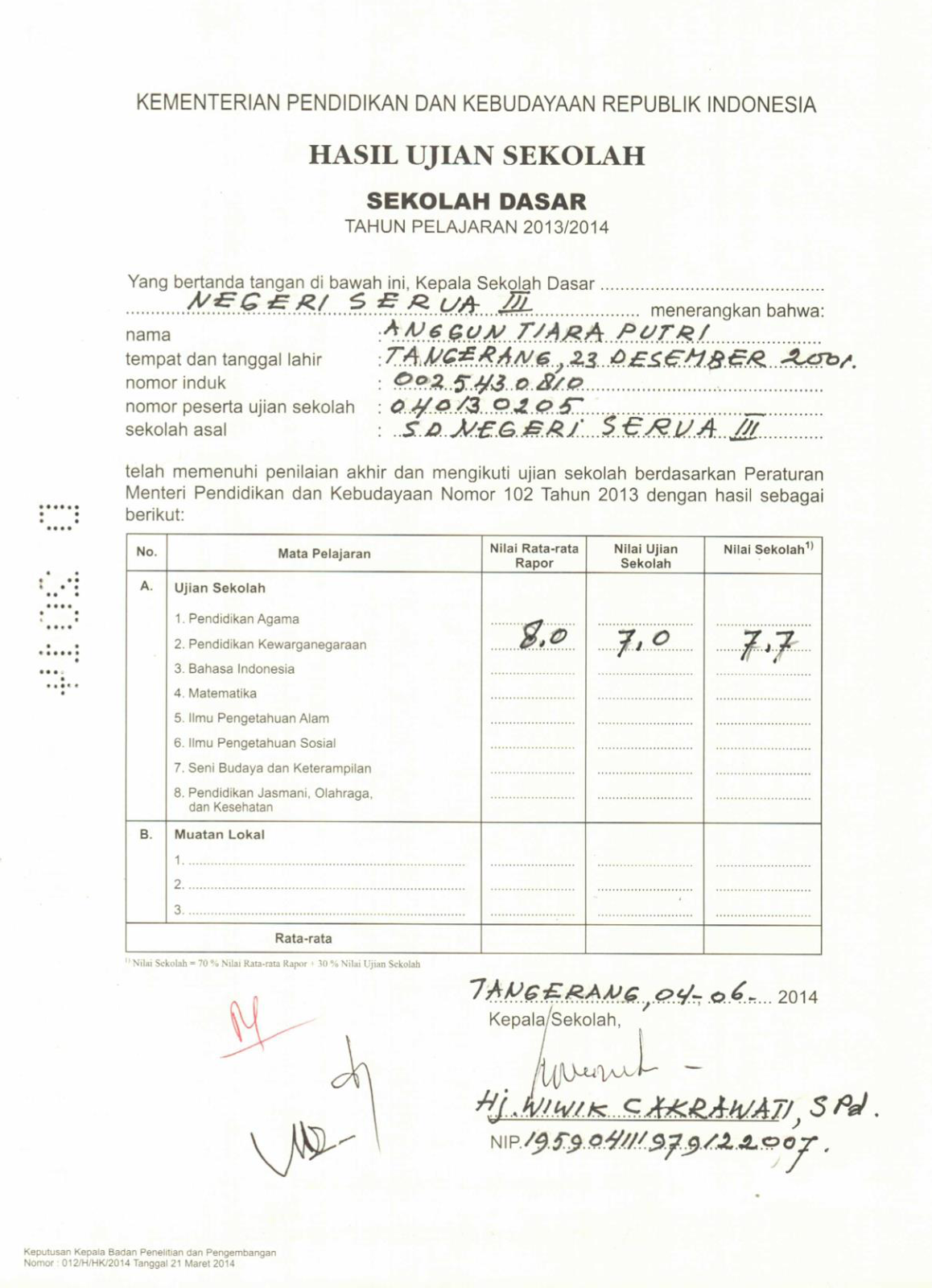 PEDOMAN PENGISIAN BLANGKO IJAZAH SATUAN PENDIDIKAN DASAR