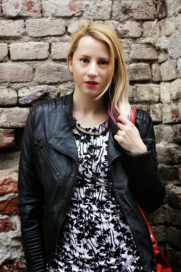 balck and white H&M dress Pull & bear leather jacket