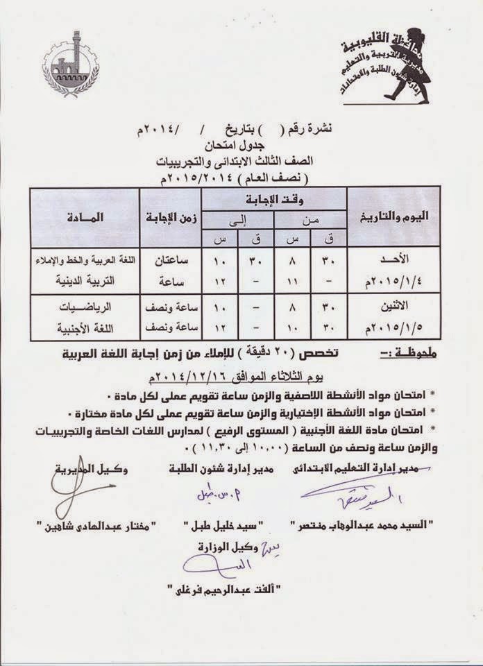 جداول امتحانات فرق ابتدائى الترم الأول 2015 لمحافظة القليوبية