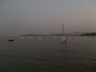Expensive yachts and sail boats parked near Mandwa Jetty.