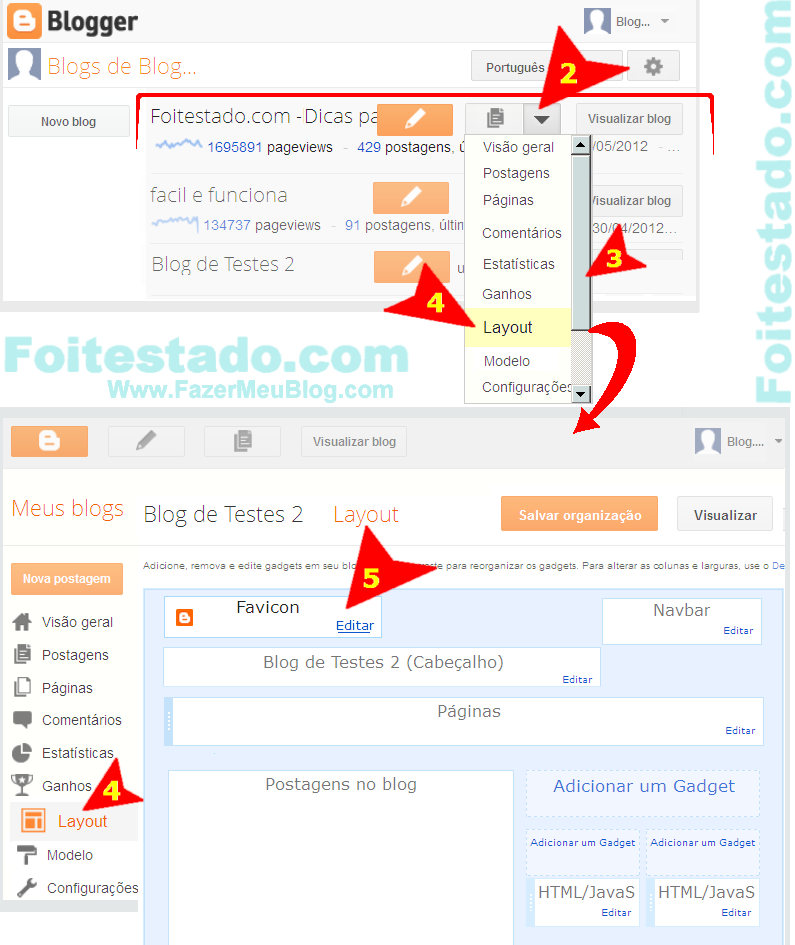 passos para adicionar favicon em elementos de pagina(layout) do blogger