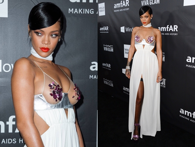 2014/10/29:Rihanna arrived at the 2014 amfAR Inspiration Gala in Los Angeles Tom Ford 2015 SS Nipples Sparkle White Maxi Dress on Red Carpet