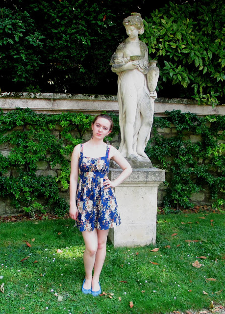 Parc de Bagatelle Paris floral dress wedges statue Hebe