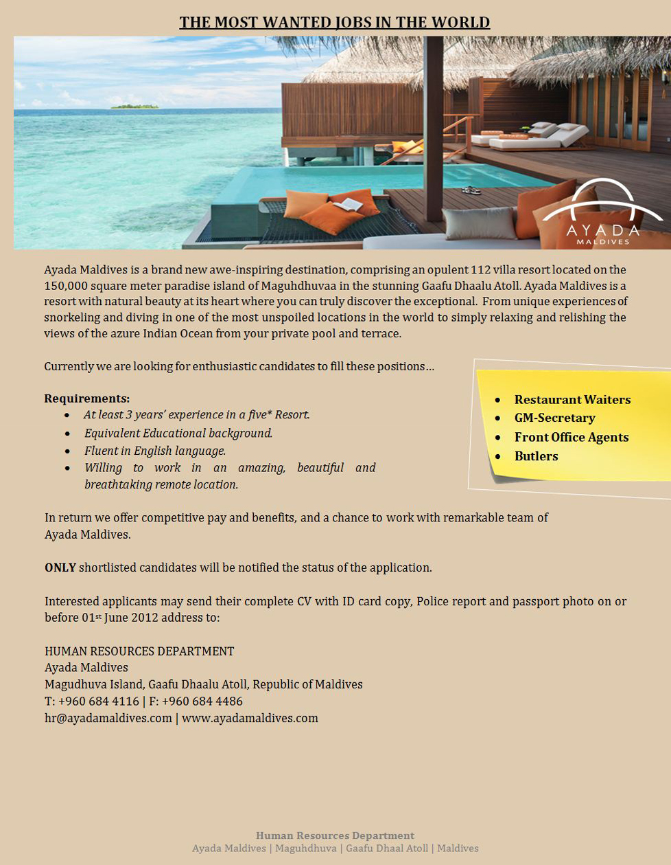 Job Maldives Front Office Supervisor jobs in Maldives