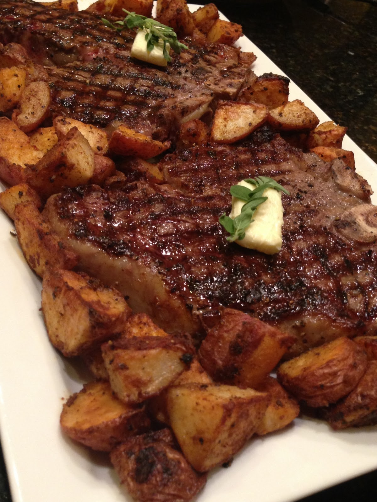 Party with Leah TBone Steaks with Roasted Garlic Adobo Potatoes and