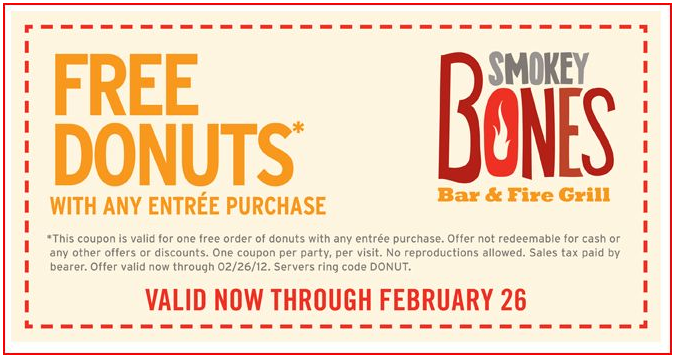 Smokey bones coupon How to use a Smokey Bones coupon Smokey Bones has a section of their website just for current menu specials. They also have a rewards program called the Bones Club. Members receive a free offer for joining, and continue to receive coupons and promotions via email%(70).