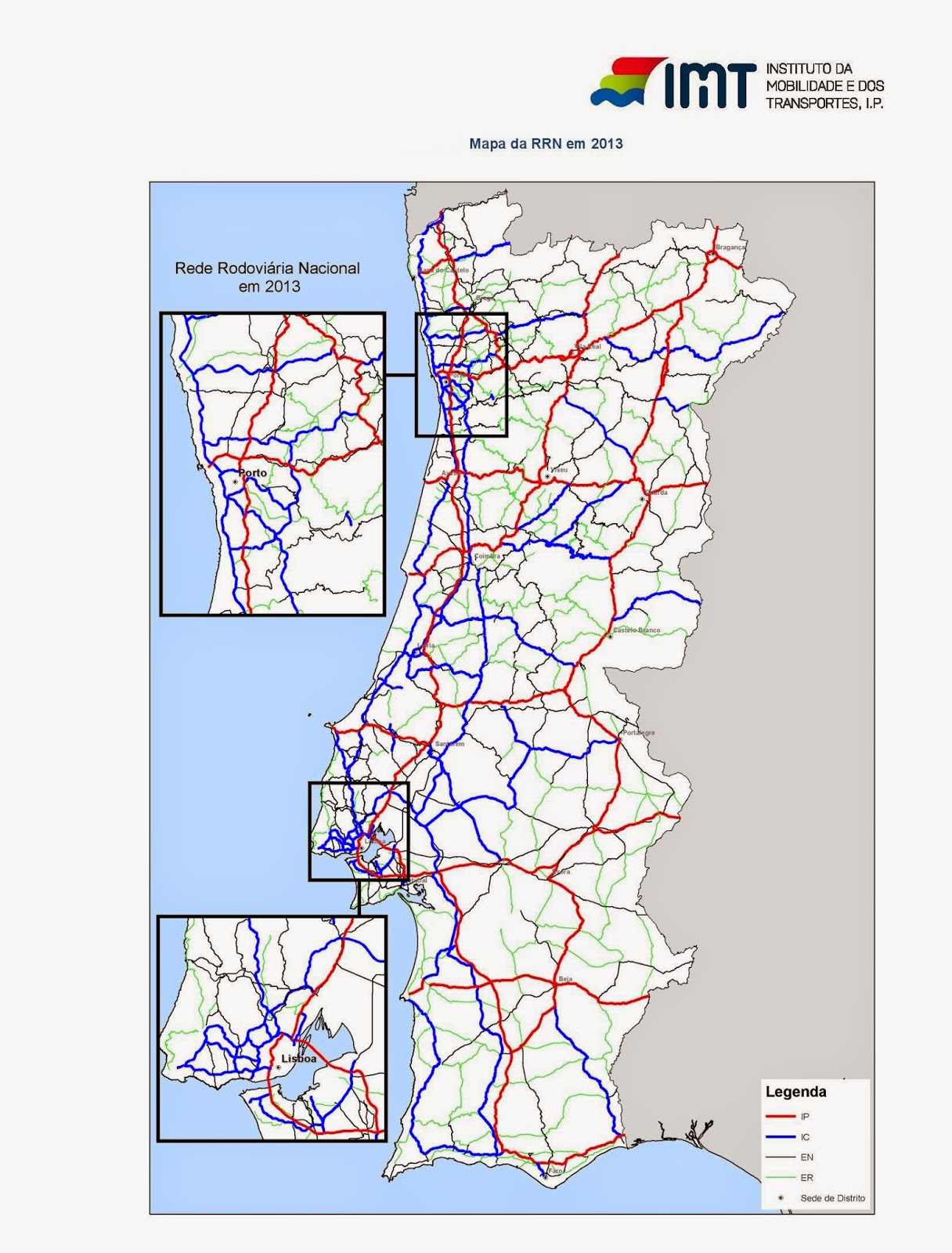 Mapa rodoviário de Portugal: centro da cidade