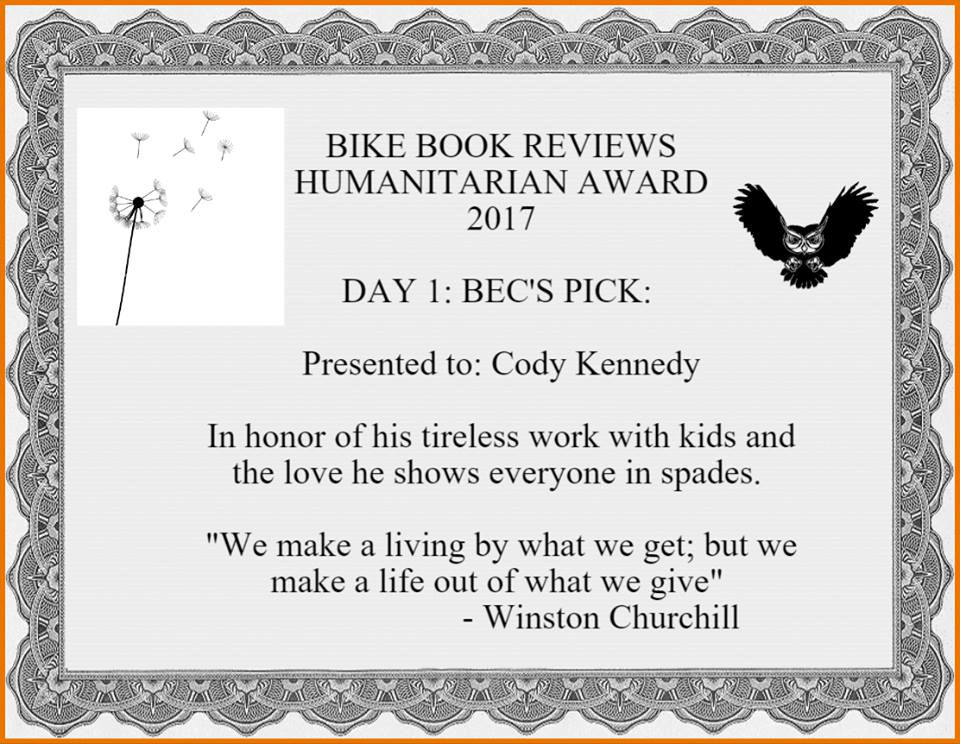 Cody Receives a Humanitarian Award from Bike Book Reviews!