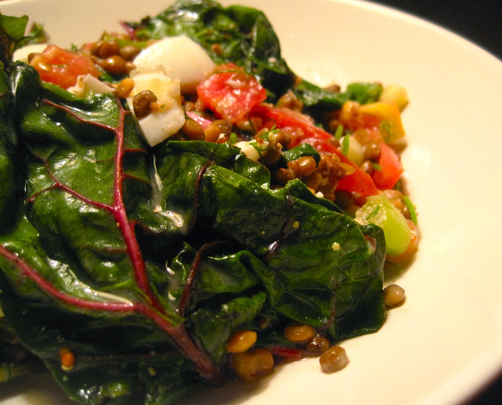 Kvell in the Kitchen Chopped Lentil Salad with Swiss Chard, Tomato & Egg