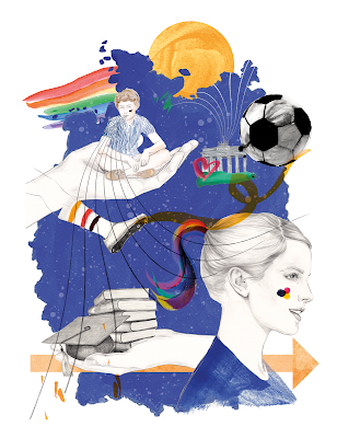 Eine Illustration der Deutschlandkarte mit verschiedenen Elementen wie einem Fußball