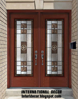 American wooden door with stained glass design, classic wooden door