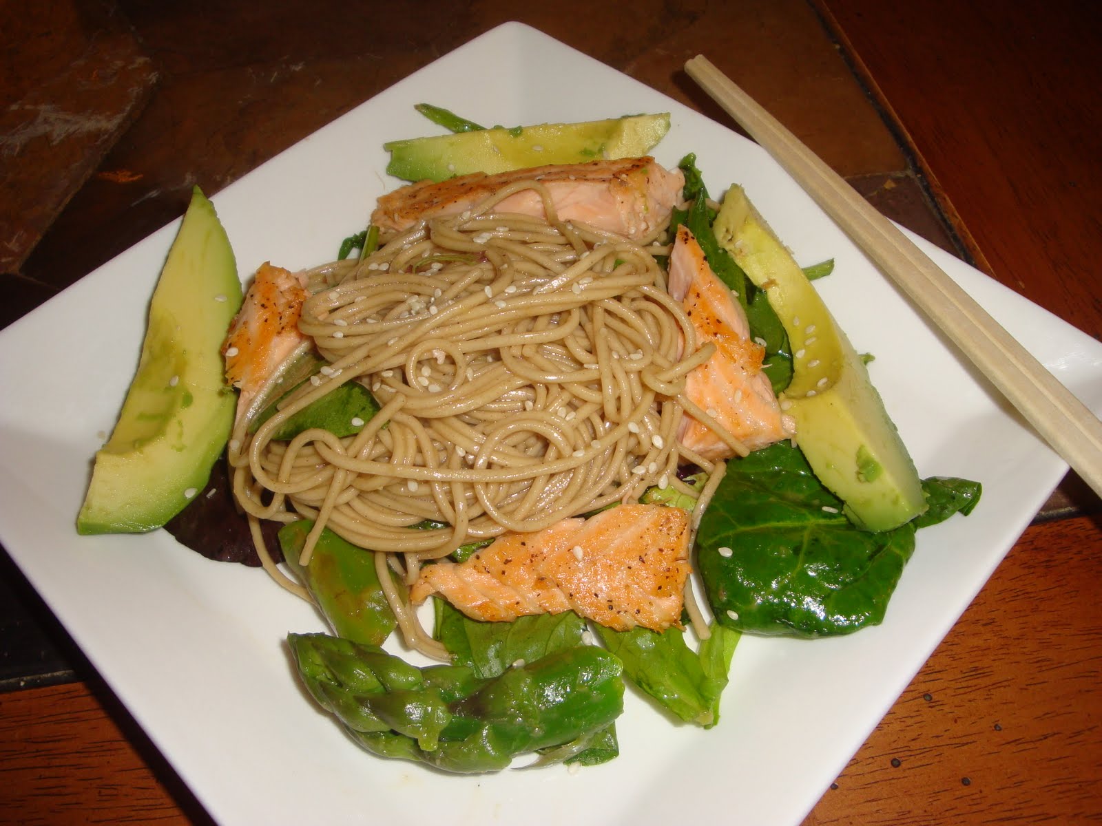 and then I put an egg on it. Soba Noodle Salad with Salmon and Asparagus