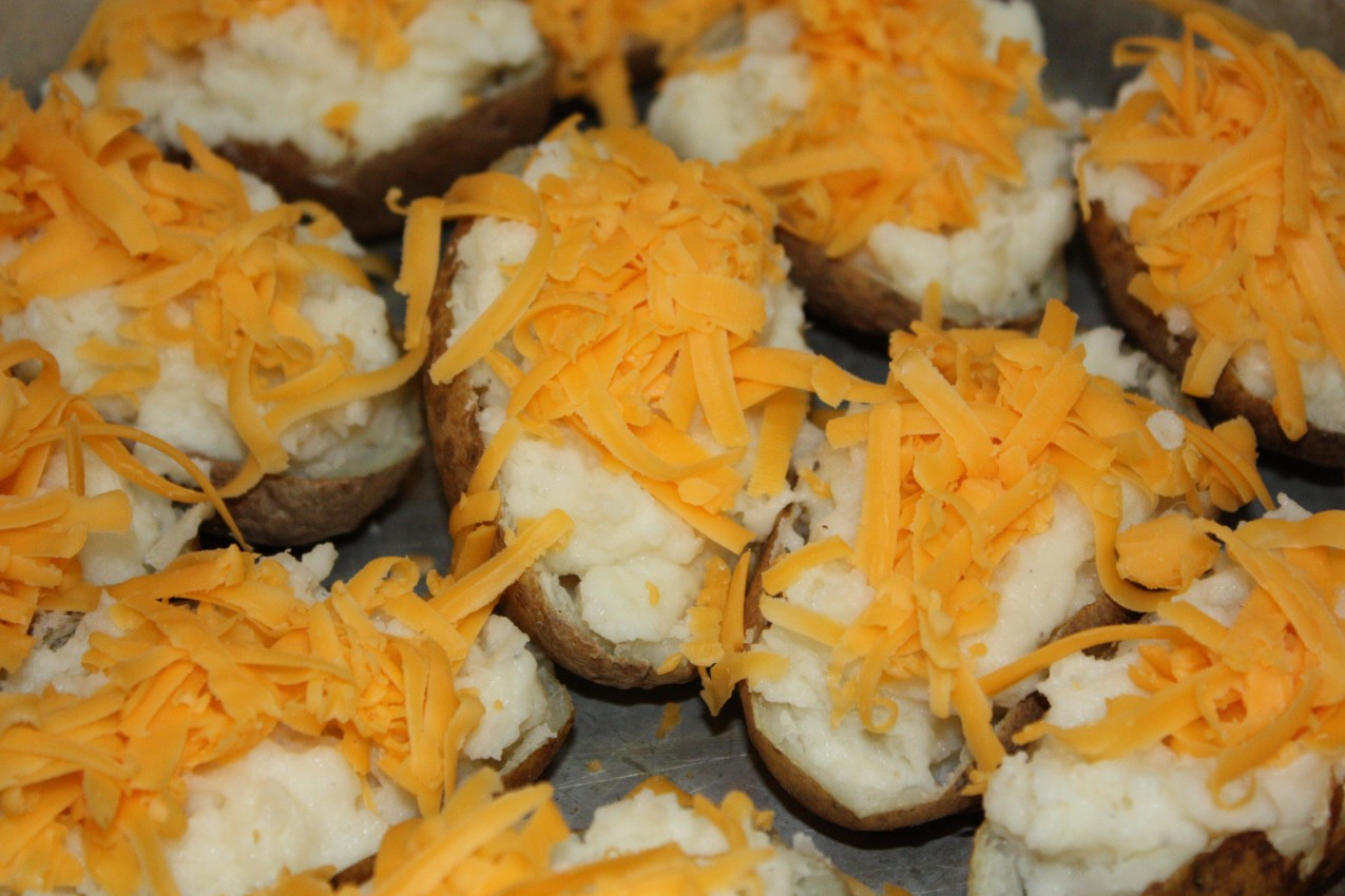 pass the peas, please double baked potatoes