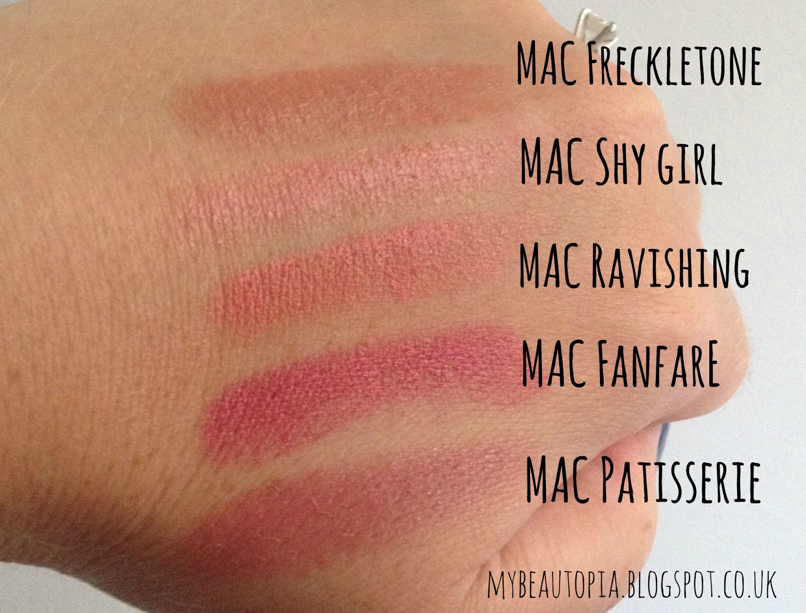 MAC Ravishing Cremesheen Lipstick comparison swatches with Shy girl, Freckl...