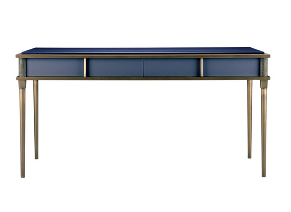 Blue desk with sandblasted walnut and cinnamon metal trim.
