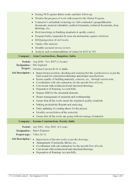 Sample resume of civil engineering