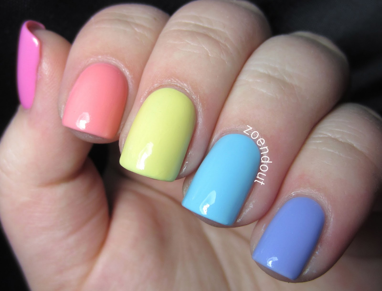 7. Peach and pastel rainbow nails with a single cloud design - wide 3
