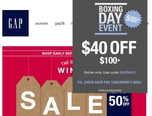 Gap Boxing Day Event $40 Off $100 Promo Code
