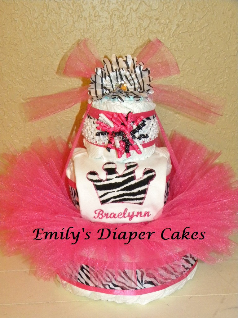 Diaper Cakes by Emily Hot pink and Zebra tutu diaper cake