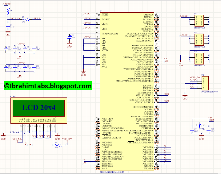 LCD interfacing with PIC32 in 8bit (code + simulation + schematic)