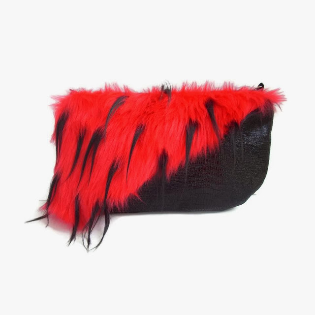 Spiked Red and Black Faux Fur Clutch