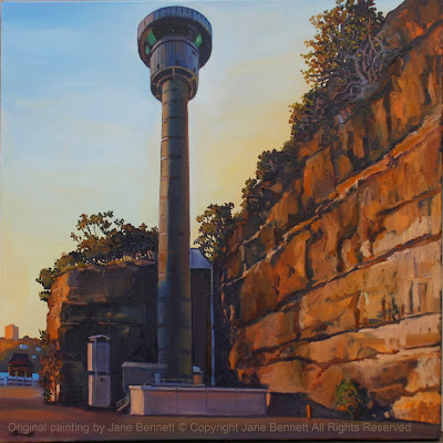 Plein air painting of the Harbour Control Tower from Barangaroo by industrial heritage artist Jane Bennett