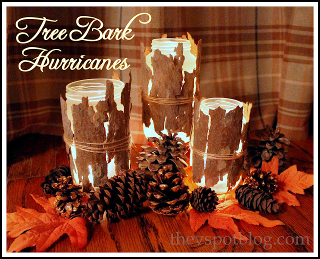 hurricanes, lanterns, candles, tree bark, rustic, pine cone, fall, diy, craft, upcycle