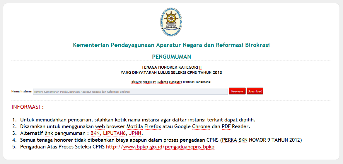 Pengumuman CPNS K2 2014 Terbaru