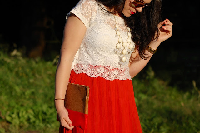 Vancouver fashion blogger,Eyelash lace crop top, pleated red maxi skirt, Ily Couture statement necklace, Aldo Heliette heels and a Gap clutch.