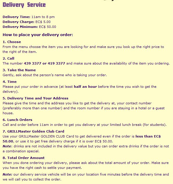 hello grenada, see you later america Grill Master Menu