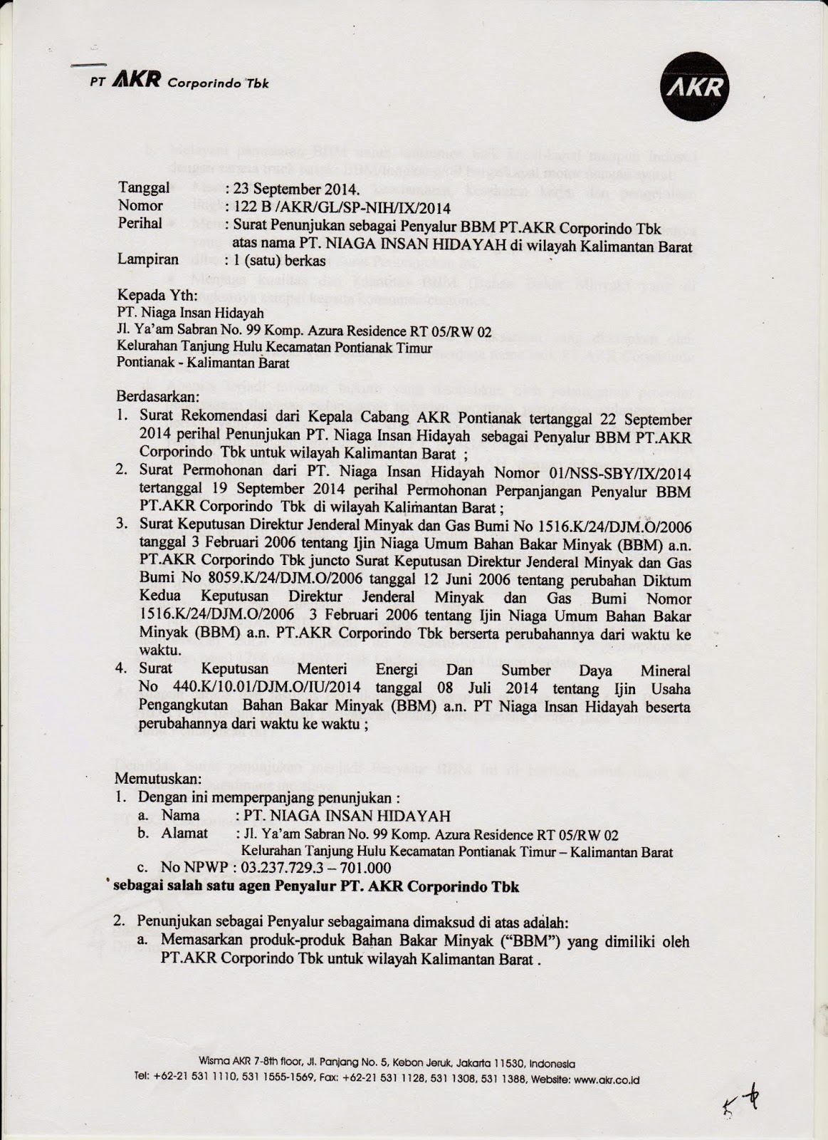 Legalitas Hukum Perusahaan PT. NIAGA INSAN HIDAYAH Legalitas Hukum Perusahaan PT. NIAGA INSAN HIDAYAH