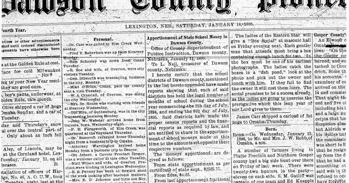 The Old Trunk in the Attic Newspaper Clippings Dawson Co., Nebraska 1896