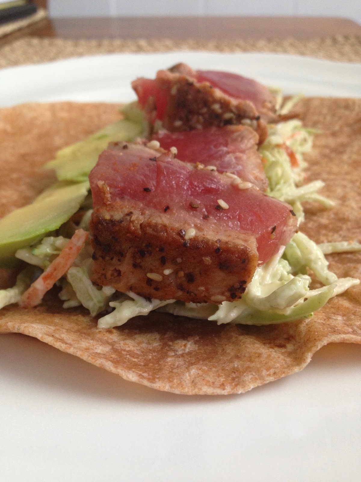 taylor made seared ahi tuna wraps with wasabi mayo slaw & avocado