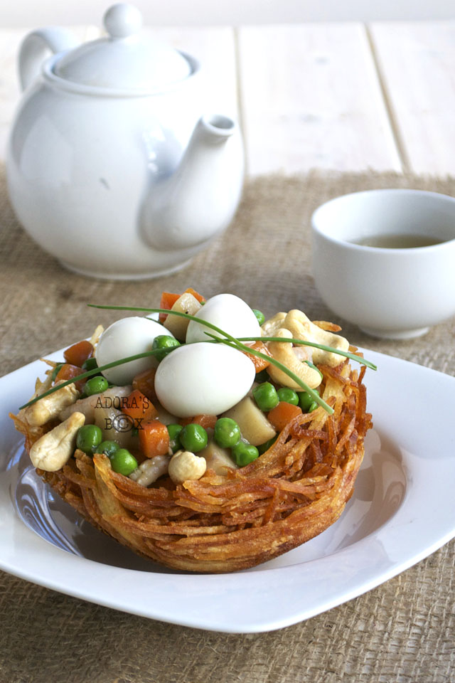 Adora's Box QUAIL EGGS AND MIXED VEGETABLES ON POTATO NEST
