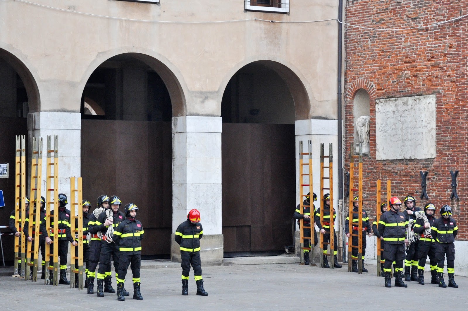 Firefighting demonstration, Piazza dei Signori, Saint Barbara celebration, Vicenza, Veneto, Italy