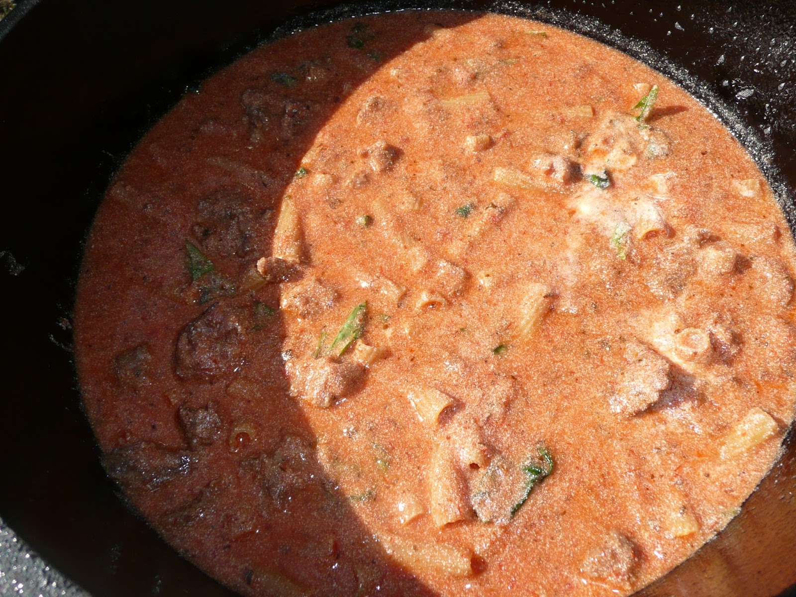 Everyday Dutch Oven No Boil Baked Ziti with Sausage and Basil