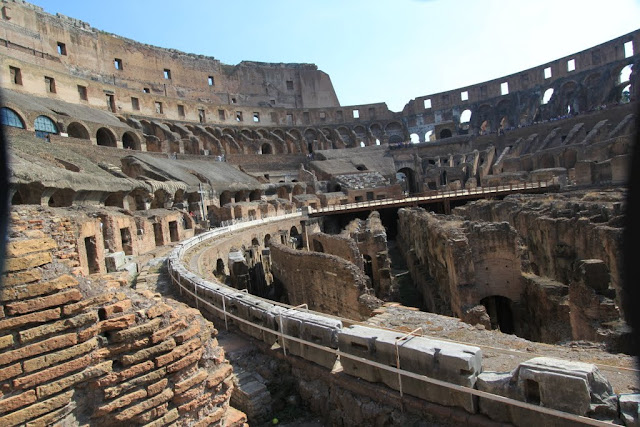 The arena view of hypogeum, the 1st level and top tier seating in the Roman Colosseum in Rome, Italy The arena view of hypogeum, the 1st level and top tier seating in the Roman Colosseum in Rome, Italy