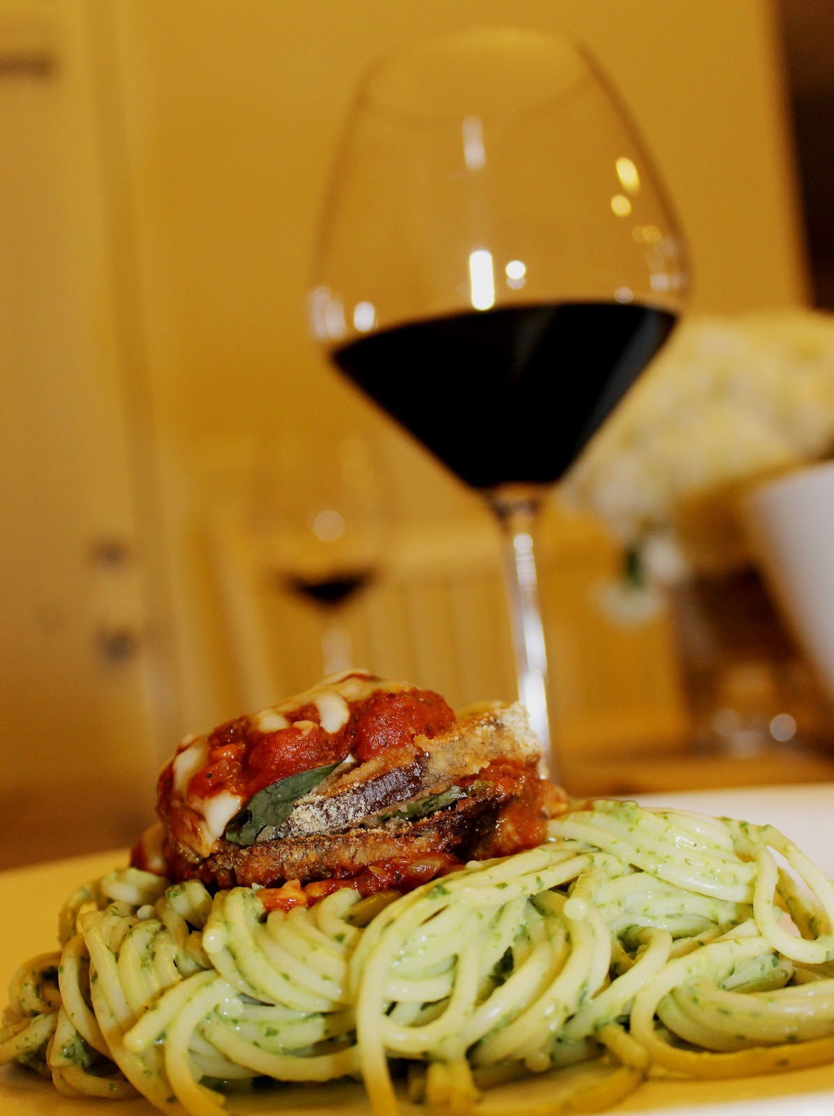 sugar & spice Baked Eggplant Parmesan with Pesto Spaghetti