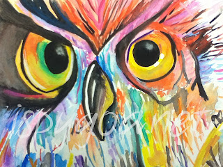 watercolor painting of the face of an owl, painted in bright lines