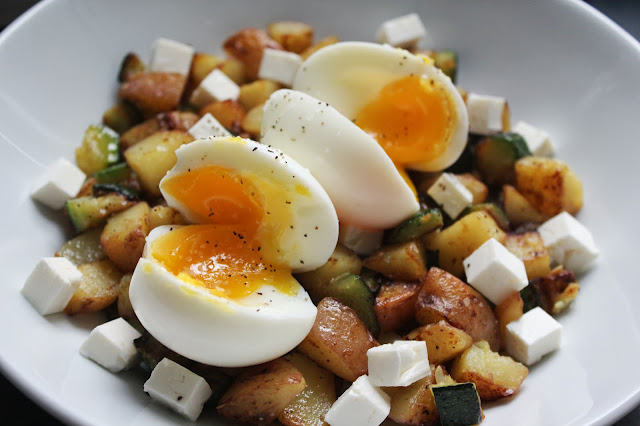 Zucchini hash with soft-cooked eggs