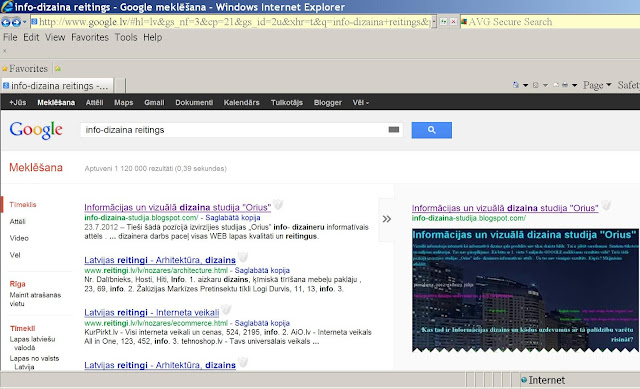 Attēls parāda Google tīmekļa meklētāju ar vārdiem „Info-dizaina reitings” meklētāja logā, kā arī 1. vietā esošo Informācijas un vizuālā dizaina studijas „Orius” bloga virsrakstu un WEB-adresi.